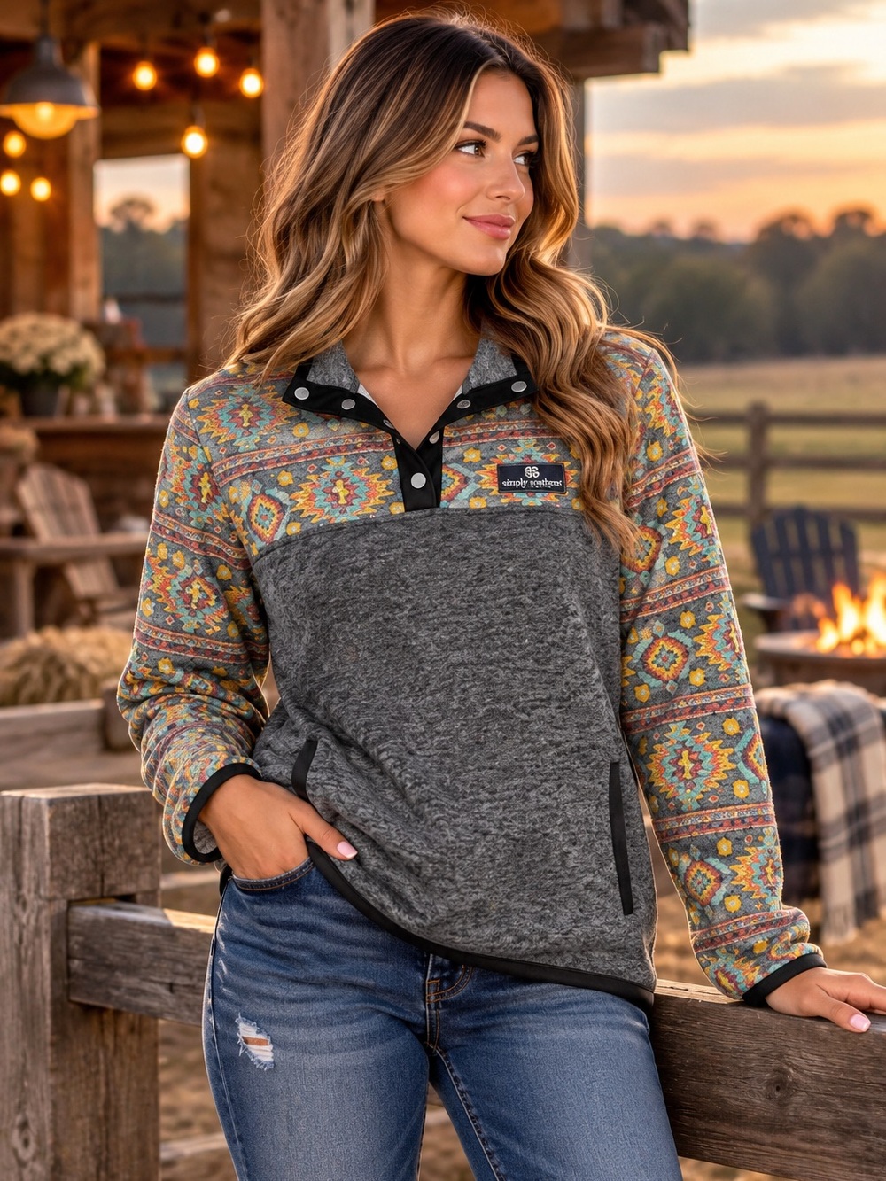 Simply Southern Multicolor Aztec 4 Button Sweater